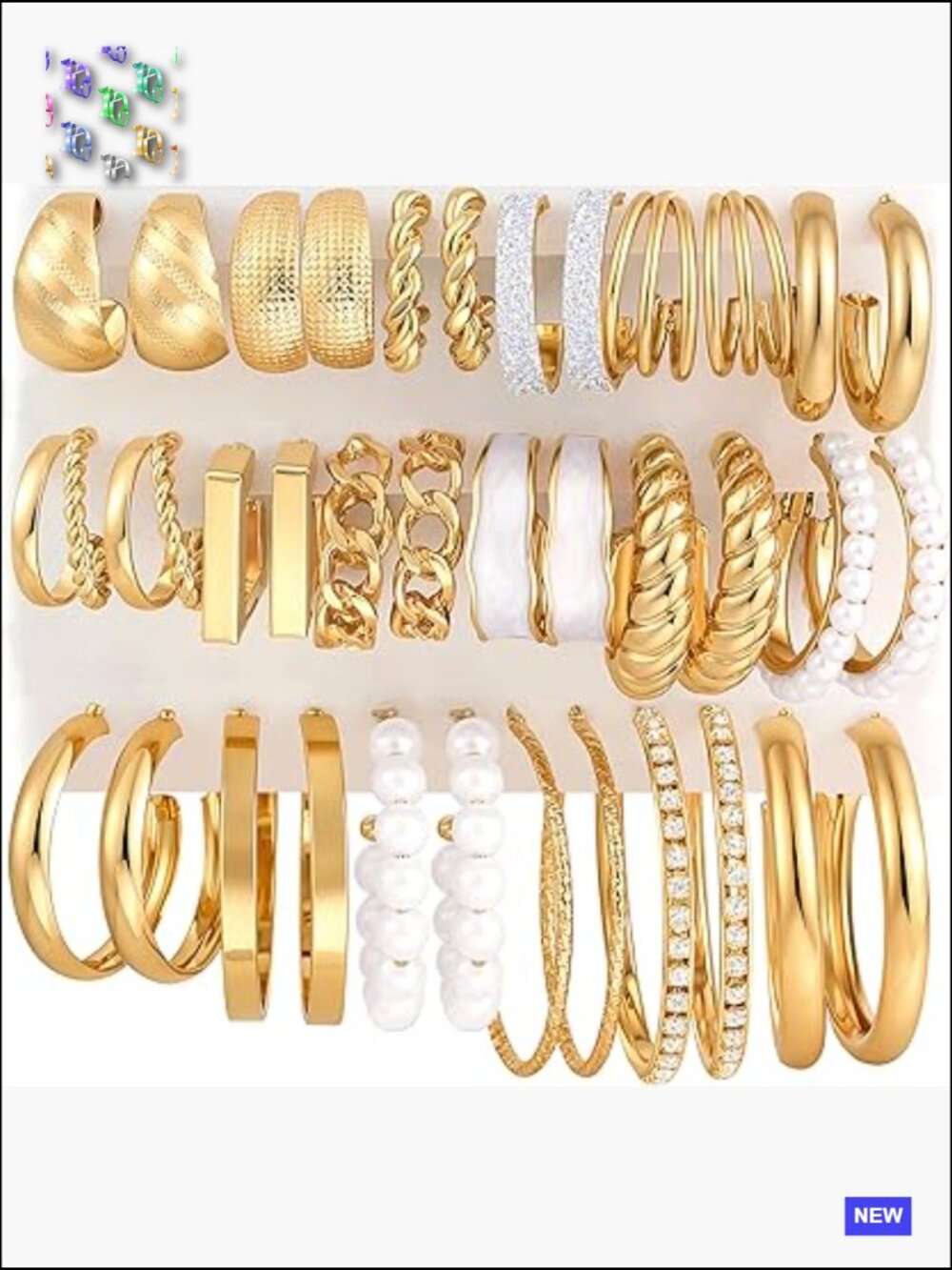 18 Pairs Gold Hoop Earrings Set Stackable Chunky Twisted Pearl Hoop Earrings